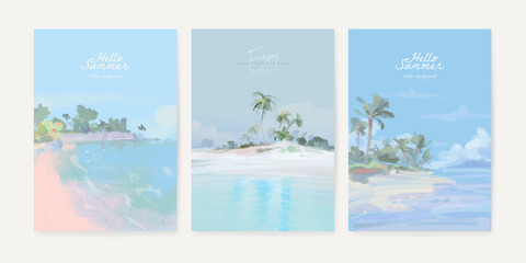 Set of beautiful summer tropical beach sea resort vertical landscape background design template for poster, flyer, web banner, cover, booklets and greeting card. Vector illustration