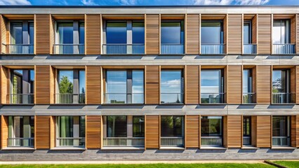Obraz premium Contemporary exterior facade featuring a sequence of horizontal casement windows in a row, exuding modernity and minimalist elegance.
