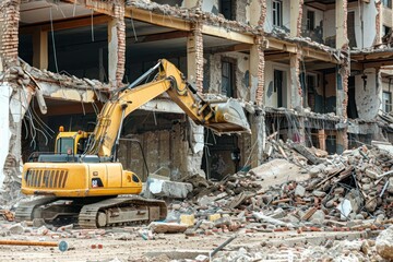 Fototapeta premium excavator at work in the site destroying the building