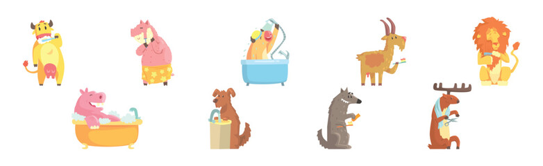 Funny Animal Bathing and Washing in Bathroom Vector Set