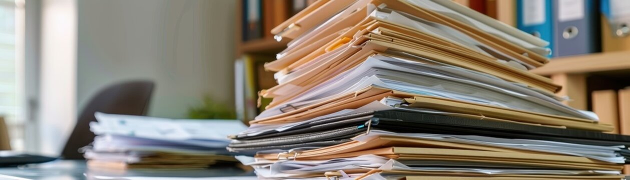 A large stack of neatly organized documents sits on a desk