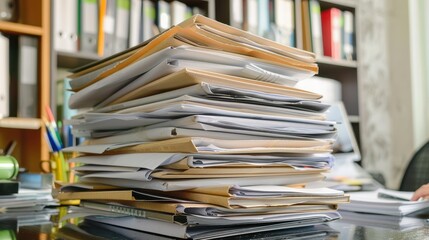 A large stack of neatly organized documents sits on a desk