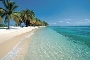 Fototapeta premium Pristine Beach With Palm Trees on a Sunny Day in the Caribbean