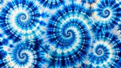 Fototapeta premium Vibrant blue swirls dance across white fabric in mesmerizing tie-dye patterns, evoking psychedelic vibes and bohemian chic aesthetics.