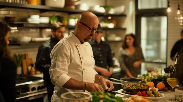An experienced chef demonstrates a recipe during a cooking masterclass in a modern kitchen