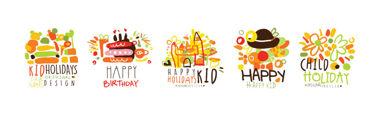Happy Kids Party Logo Original Bright Design Vector Set