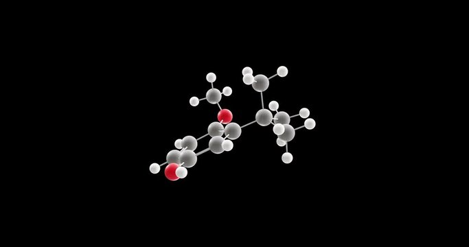 Butylated hydroxyanisole molecule, rotating 3D model of e320, looped video on a black background