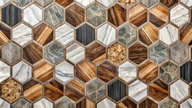 Modern geometric pattern featuring abstract marble mosaic, hexagon tiles, and parquet floor elements for interior and exterior design.