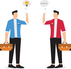 Effective communication, meeting discussion or conversation solution, speak or telling intelligence information, team opinion new idea concept, business people discuss with lightbulb speech bubble