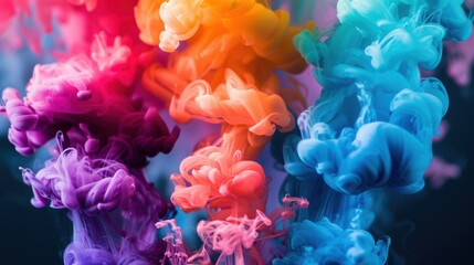 Vibrant, multicolored ink swirls creating abstract patterns in water, showcasing vivid hues and dynamic motion.