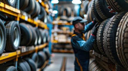 Obraz premium Close to the hands of a tire changer in Large warehouse of car tires, rack with customer car tires in warehouse of a tire dealer