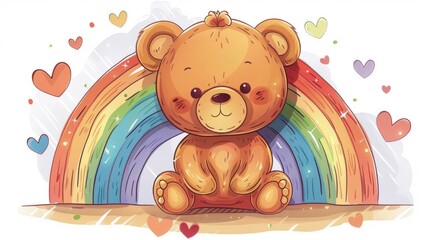 An adorable teddy bear illustration with a rainbow and hearts, creating a cheerful and playful design.