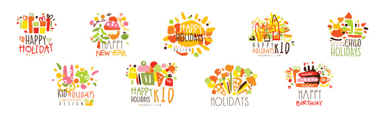 Happy Kids Party Logo Original Bright Design Vector Set