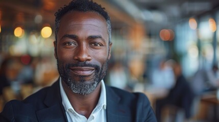 Fototapeta premium Mature businessman with a salt and pepper beard is smiling in a modern cafe. He is wearing a suit jacket and white shirt