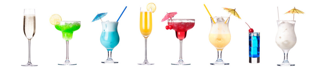 Different alcohol cocktails like beer, martini, soda, champagne, whiskey