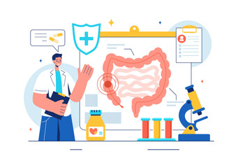 Vector Illustration of a Proctologist or Colonoscopy with a Doctor Examining the Colon and Showing Harmful Bacteria in a Flat Style Cartoon Background