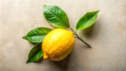 Vibrant yellow Sicilian lemon with lush green leaves rests isolated on a soft, creamy background, showcasing its plump, juicy ripeness.