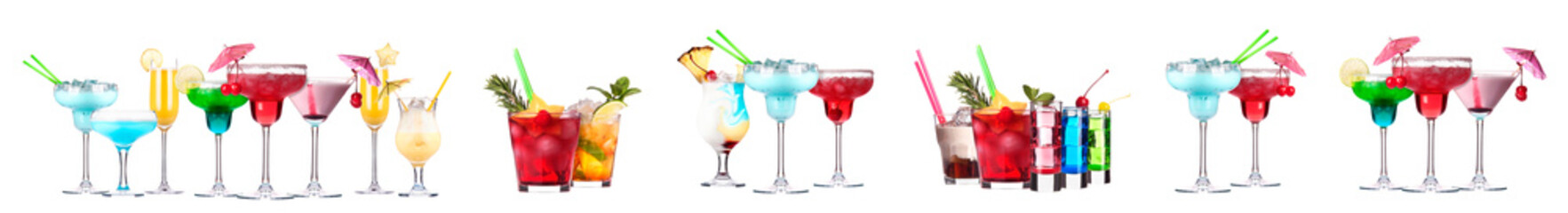 Different alcohol cocktails like beer, martini, soda, champagne, whiskey