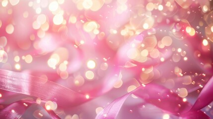 A vibrant scene of pink ribbons with sparkling bokeh lights, creating a festive and dreamy atmosphere.
