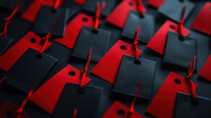 Obraz premium A collection of red and black gift tags tied with red strings, creating a striking and elegant presentation for gifts.