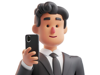 3d cartoon man in suit and tie holding cell phone and taking a selfie  isolated on white background