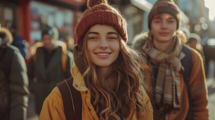 Young woman walks happily in a busy city street, wearing a bright yellow jacket and red beanie on a winter day, exuding urban chic