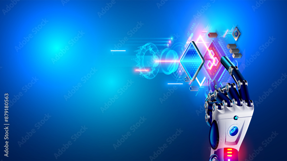Aufkleber Robot or cyborg hand holds electronic chip or CPU. AI design modern processor. New technology abstract background or banner. Artificial intelligence or AI holds in hand and analysis electronic chip.