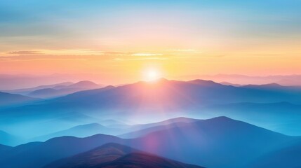 Fototapeta premium A breathtaking view of the sunrise casting golden light over layers of rolling mountains, creating a serene and majestic landscape.