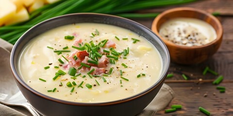 Creamy Potato Soup with Ham, Chives, and Seasonings in a Bowl. Concept Creamy Potato Soup, Ham, Chives, Seasonings, Bowl, Comforting Dish