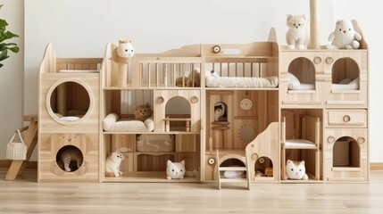 A wooden cat playground with various levels, tunnels, and climbing structures is arranged with toy animals and potted plants, creating a whimsical and playful environment