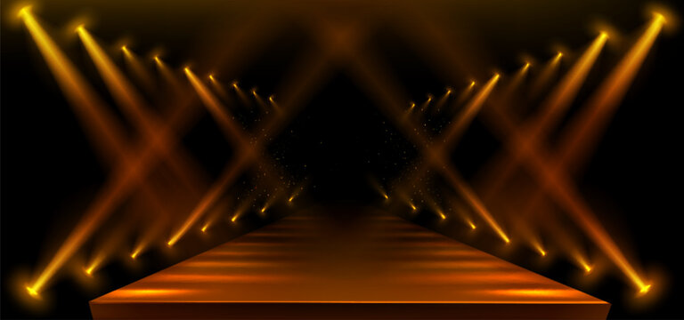 Fashion runway stage with golden spotlights and sparkles. Realistic 3d vector illustration of dark empty catwalk podium background. Abstract concert or night show studio corridor interior.