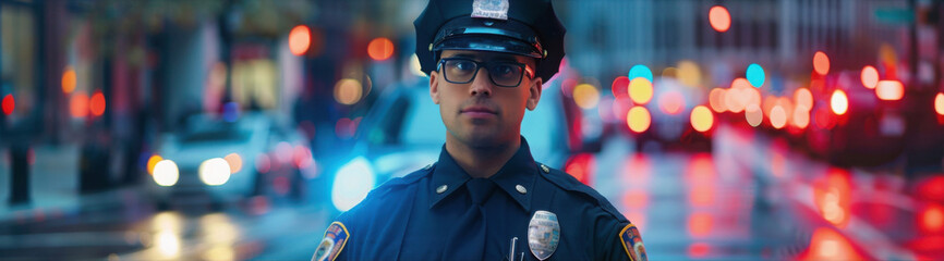Confident police officer in uniform standing next to a patrol car, showcasing authority and presence on an urban street.