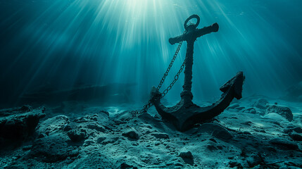 The sun shines through the water, illuminating the anchor at the bottom of the ocean, inspiring underwater travel and exploration.