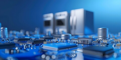 Modern Household Ecosystem Blue PCB Board with Smart Home Appliances. Concept Smart Home Technology, PCB Board, Household Appliances, Blue Color Scheme, Modern Ecosystem