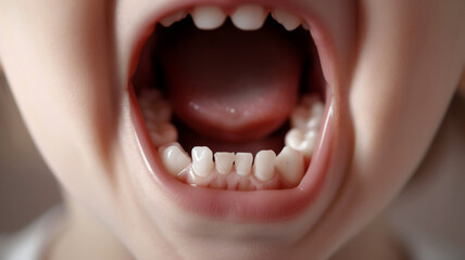 Fototapeta premium Close-up of a child's open mouth, showcasing clean, white teeth and healthy gums.