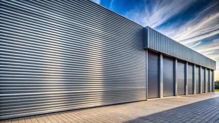 Obraz premium Modern industrial urban landscape featuring zinc fence, iron roof tiles, gray warehouse wall, and metallic striped floor pattern.