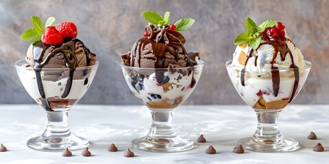 Indulgent Ice Cream Sundaes Three Delicious Creations with Chocolate Sauce and Toppings. Concept Decadent Sundaes, Chocolate Delights, Delicious Treats, Ice Cream Indulgence, Tasty Toppings