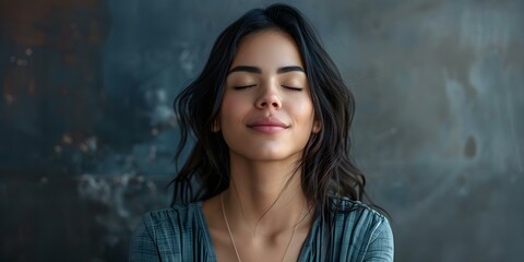 Fototapeta premium Woman with brunette hair and fair complexion sitting serenely. Concept Portrait Photography, Serene Beauty, Brunette Woman, Fair Complexion, Peaceful Pose