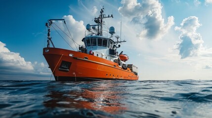 Fototapeta premium An orange research vessel on the open ocean, with white clouds in a blue sky.