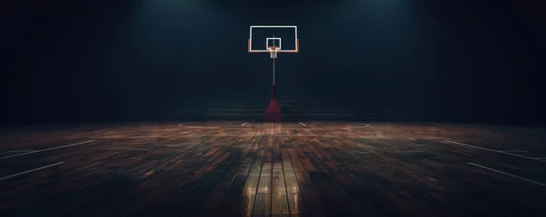 Fotobehang Nostalgic basketball court glows dramatically under spotlights in a dark gym, casting shadows on vintage hardwood © Denys