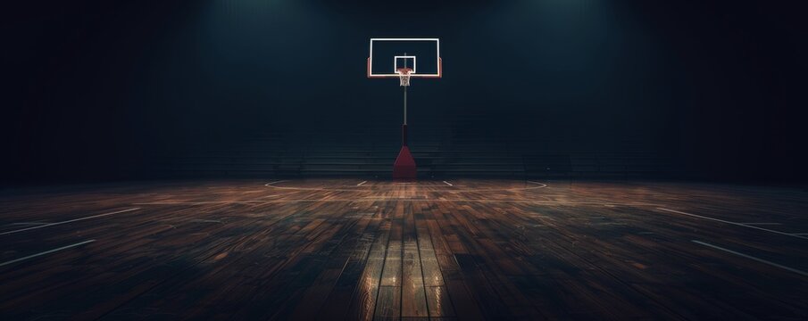 Nostalgic basketball court glows dramatically under spotlights in a dark gym, casting shadows on vintage hardwood