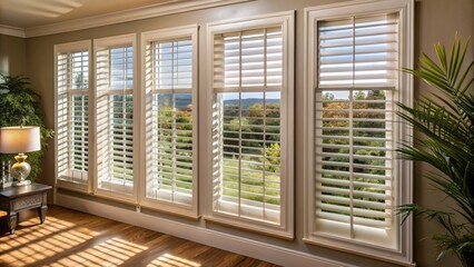 Fototapeta premium Elegant interior design featuring classic adjustable louvered window shutters on a sturdy frame, filtering natural light with precision control.