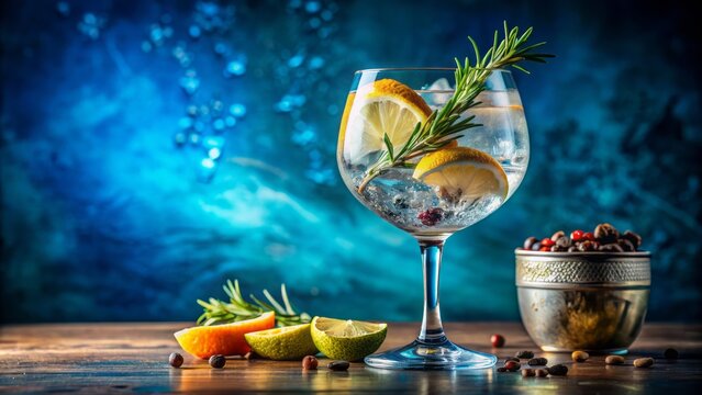 Elegant refreshment featuring stylishly garnished gin and tonic with artistic abstract details against a serene blue background.