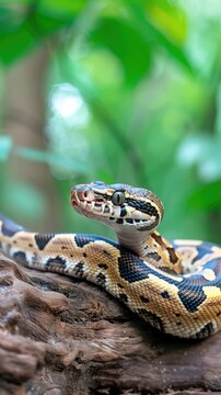 A Python snake with brown, black, and cream markings is coiled on a tree branch, its head raised in a defensive posture. The background is a blurred image of a lush green forest