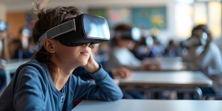 Boy using VR headset in classroom, exploring virtual reality for educational purposes.