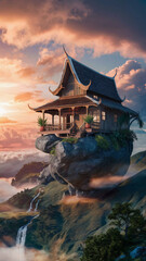 Naklejka premium traditional house floating above the clouds
