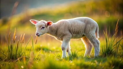 Adorable baby sheep grazes peacefully in a lush green meadow surrounded by dry grass field, symbolizing rural farm life.