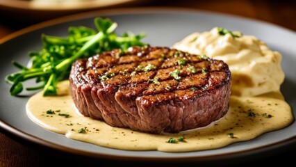  Deliciously cooked steak mashed potatoes and greens on a plate