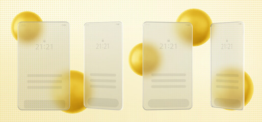 Mobile phone screen interface on blur rectangular transparent glass over gold sphere on pastel dotted texture background. Realistic 3d vector illustration of glass morphism smartphone template.