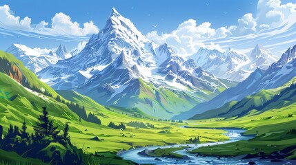 Majestic snow-capped mountain peak towering over a lush green valley with a meandering river and clear blue skies